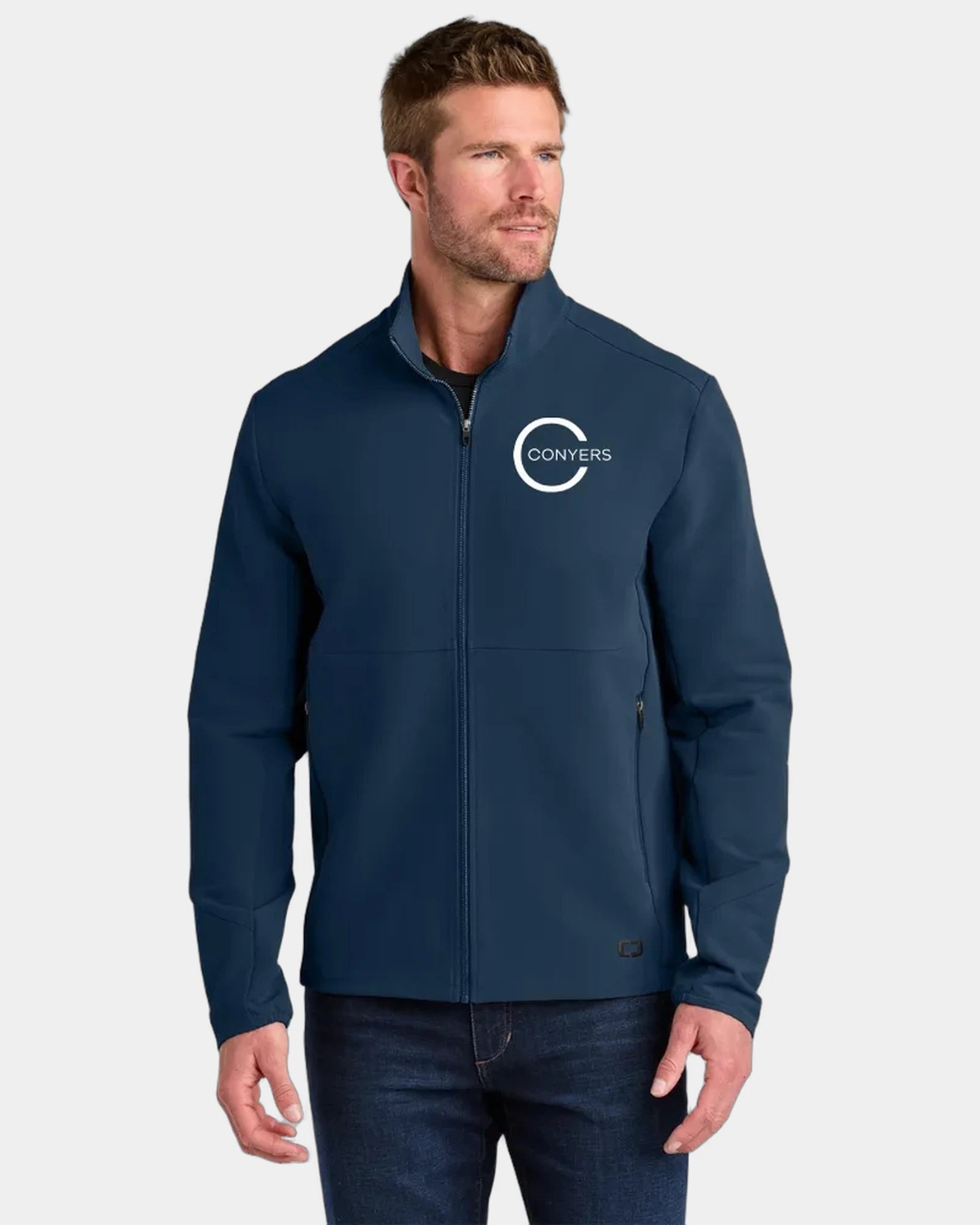 Custom water-resistant soft shell jacket with cadet collar - Navy